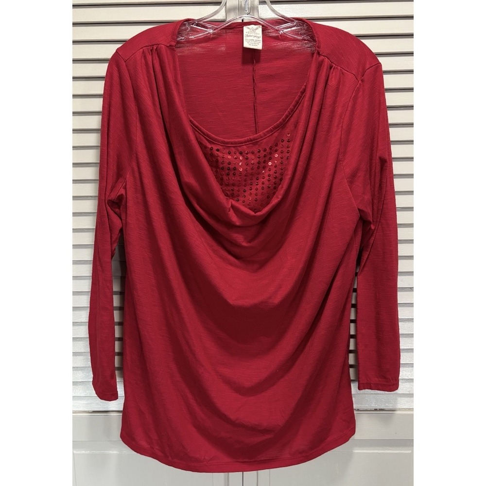 Faded Glory Red Long Sleeve Blouse Scoop Neck Sequins Size 2X Flowy Soft‎
